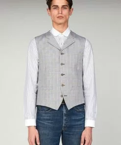 New In Gibson London Edgar Linnen Waistcoat Pale Blue
