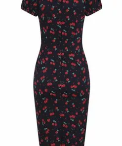 Collectif Dolores Cherry Love 50's Pencil Dress Black New In