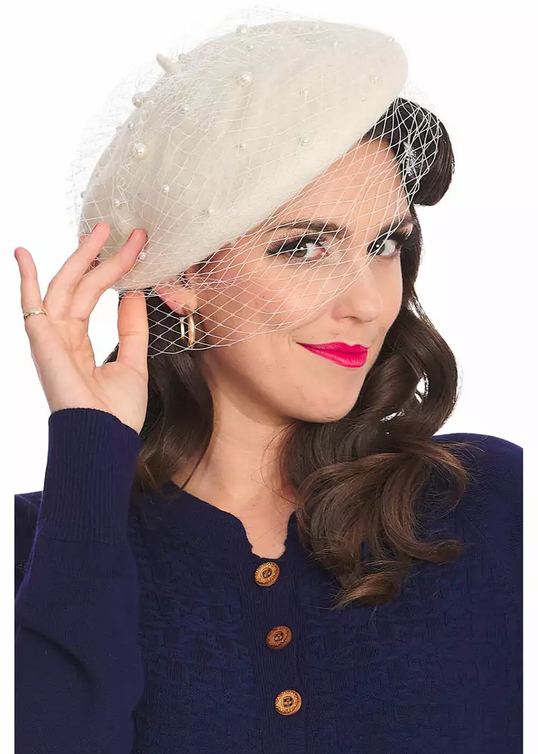 New In Banned Maggie Pearl 50's Beret Cream 3 New In Banned Maggie Pearl 50's Beret Cream