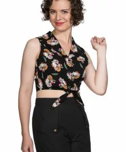 New In Banned Fruit Days 50's Knotted Blouse Black
