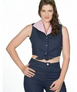 Banned Diner Days 50's Tie Blouse Dark Blue New In