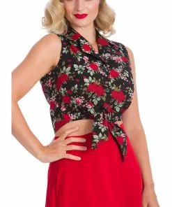 Banned Rose Garden 50's Tie Blouse Black New In 8 Banned Rose Garden 50's Tie Blouse Black New In