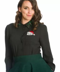 Banned Pocket Cat Christmas 40's Blouse Black