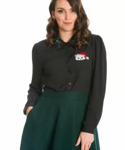 Banned Pocket Cat Christmas 40's Blouse Black