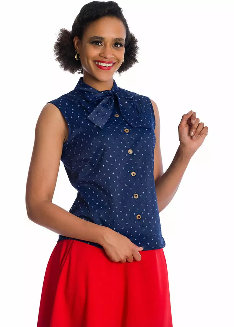 Banned Sea Scape Anchor 50's Blouse Navyblue 4 Banned Sea Scape Anchor 50's Blouse Navyblue
