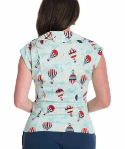 Banned Vintage Globe Hot Air Balloon 50's Blouse Blue