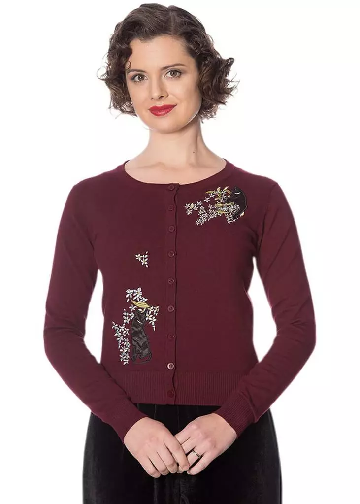 Banned Black Cat Bloom 40's Cardigan Burgundy Colour 3 Banned Black Cat Bloom 40's Cardigan Burgundy Colour