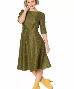 Banned Cheeky Check 40's Swing Dress Khaki Green 9 Banned Cheeky Check 40's Swing Dress Khaki Green