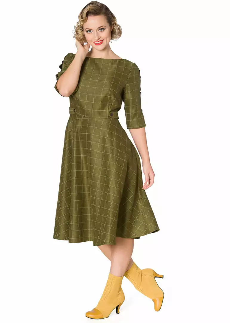 Banned Cheeky Check 40's Swing Dress Khaki Green 6 Banned Cheeky Check 40's Swing Dress Khaki Green