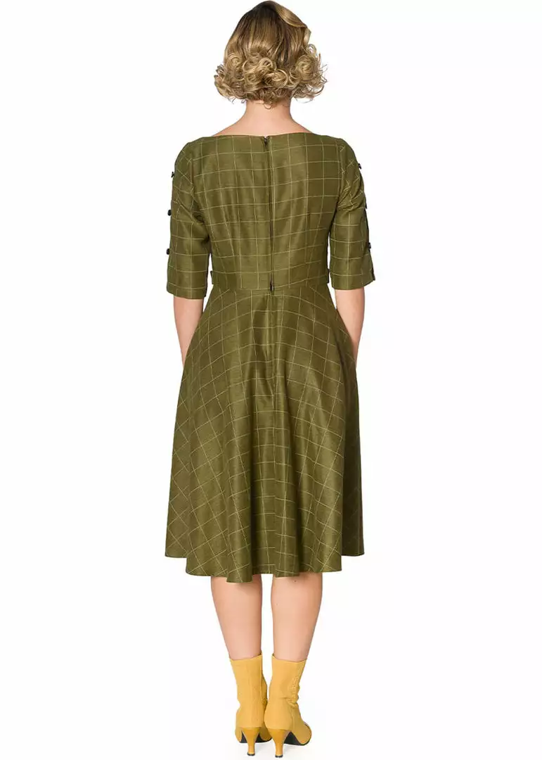 Banned Cheeky Check 40's Swing Dress Khaki Green 5 Banned Cheeky Check 40's Swing Dress Khaki Green