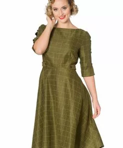 Banned Cheeky Check 40's Swing Dress Khaki Green