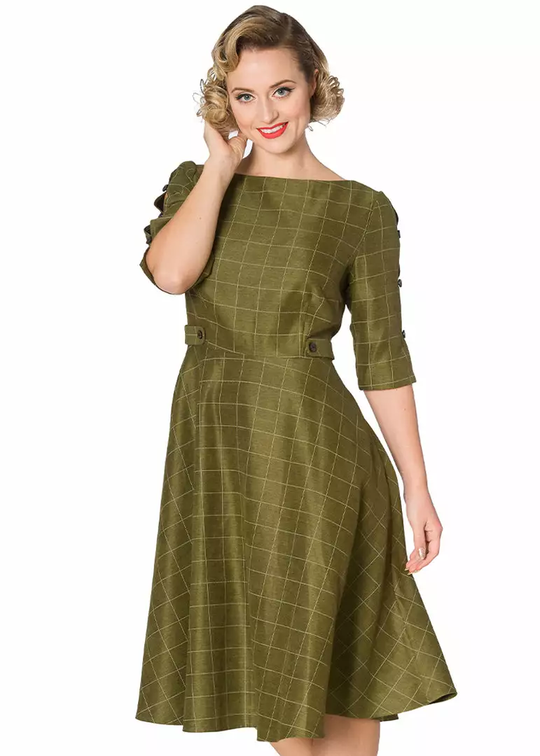 Banned Cheeky Check 40's Swing Dress Khaki Green 3 Banned Cheeky Check 40's Swing Dress Khaki Green