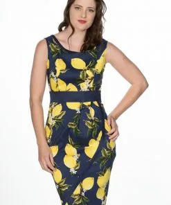 New In Banned Lemon 50's Pencil Dress Navy
