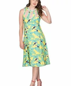 New In Banned Toucan All Over 50's Swing Dress Yellow