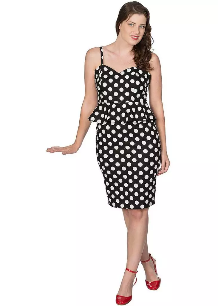 New In Banned Peplum Polkadot 50's Pencil Dress Black 5 New In Banned Peplum Polkadot 50's Pencil Dress Black