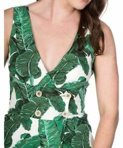 Banned Tropical Leaves 50's Pencil Dress Green New In