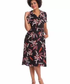New In Banned Tropical Days 40's Swing Dress Black