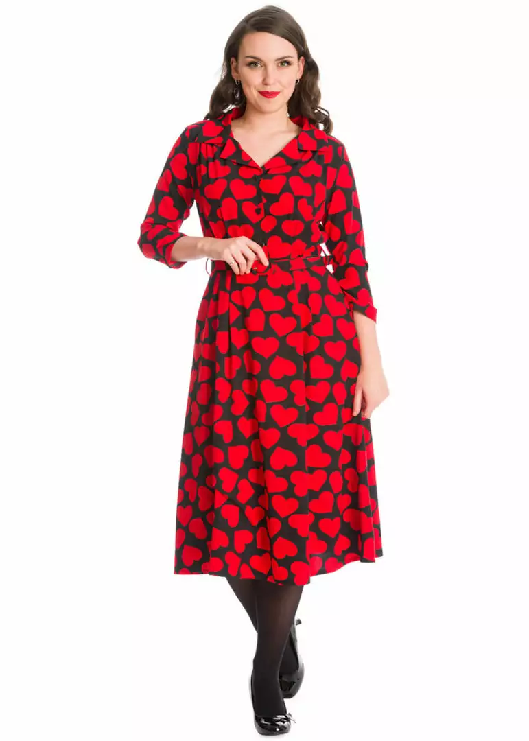 New In Banned Romance Button Hearts 40's A-Line Dress Red 5 New In Banned Romance Button Hearts 40's A-Line Dress Red