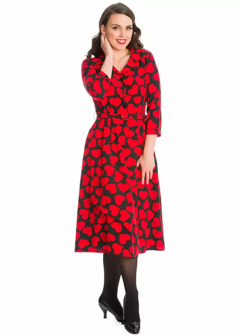 New In Banned Romance Button Hearts 40's A-Line Dress Red 3 New In Banned Romance Button Hearts 40's A-Line Dress Red
