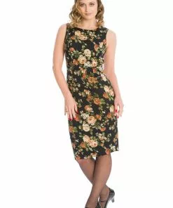 New In Banned Midnight Rose 50's Pencil Dress Black