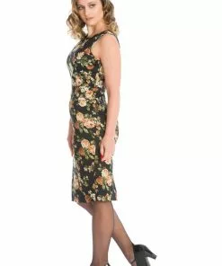 New In Banned Midnight Rose 50's Pencil Dress Black