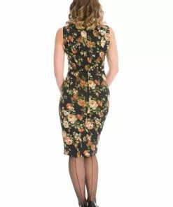 New In Banned Midnight Rose 50's Pencil Dress Black