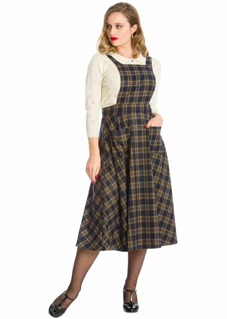 Banned Tartan 40's Pinafore Swing Dress Navy New In 4 Banned Tartan 40's Pinafore Swing Dress Navy New In