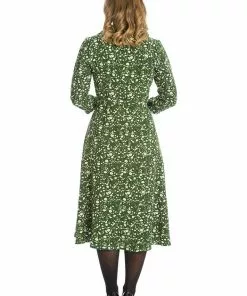 New In Banned Winter Blooms 40's A-Line Dress Green