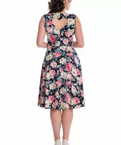 New In Banned Rose Bloom 50's Swing Dress Navy