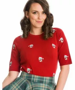 New In Banned Holly Christmas Cat 40's Jumper Red