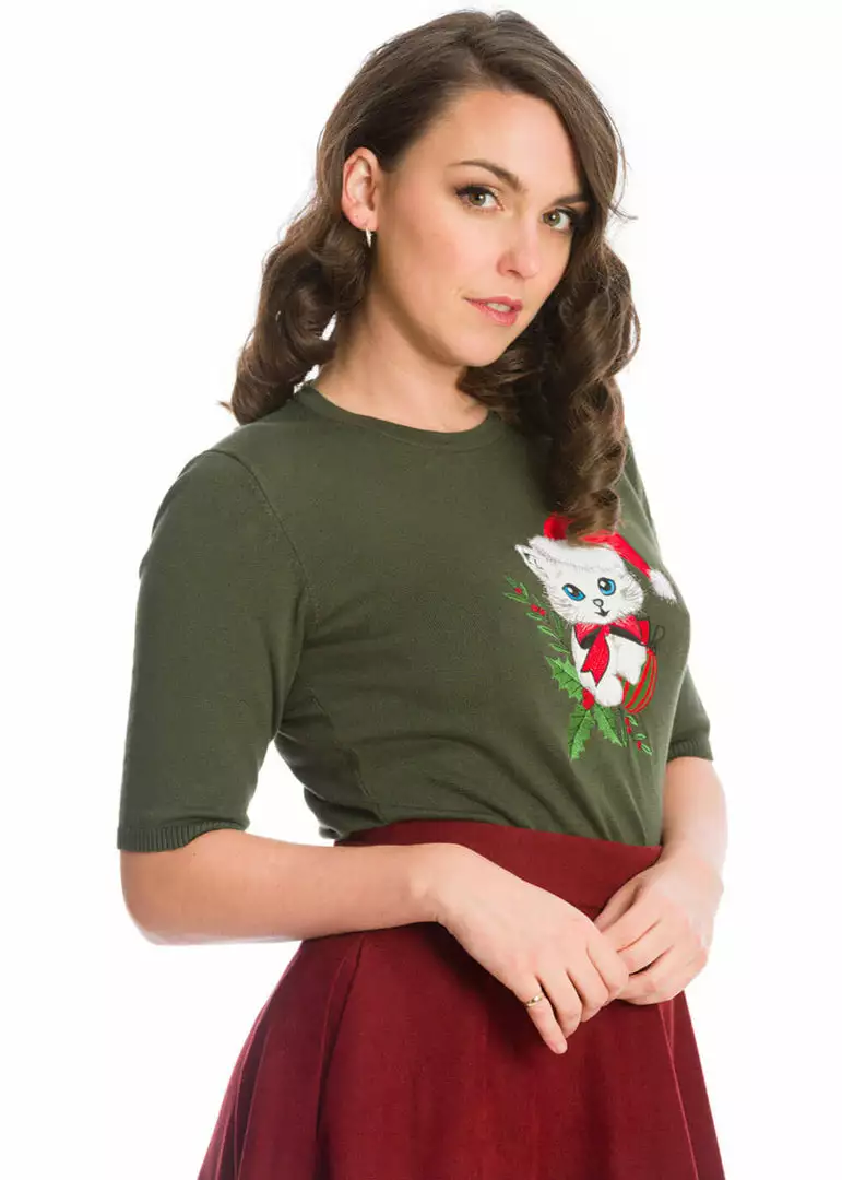 Banned Holly Cat Christmas 50's Jumper Green New In 4 Banned Holly Cat Christmas 50's Jumper Green New In