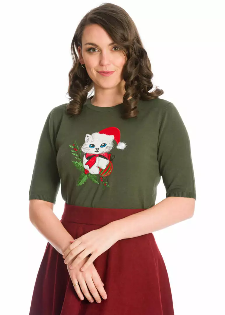 Banned Holly Cat Christmas 50's Jumper Green New In 3 Banned Holly Cat Christmas 50's Jumper Green New In