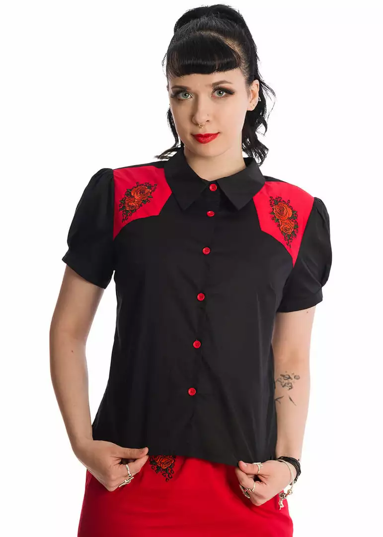 New In Banned Rockabilly Rose 50's Blouse Black 5 New In Banned Rockabilly Rose 50's Blouse Black