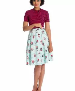 Banned Hot Air Balloon Globe 50's Swing Wrap Skirt Blue