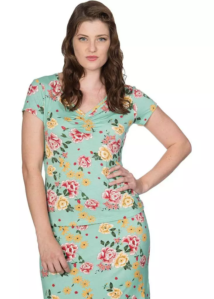 New In Banned Oriental Bloom 50's T-shirt Mint Green 5 New In Banned Oriental Bloom 50's T-shirt Mint Green