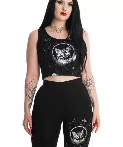 New In Banned Space Cat Cropped T-Shirt Black