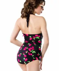 Belsira Cherry 50's Bathing Suit Black Pink New In