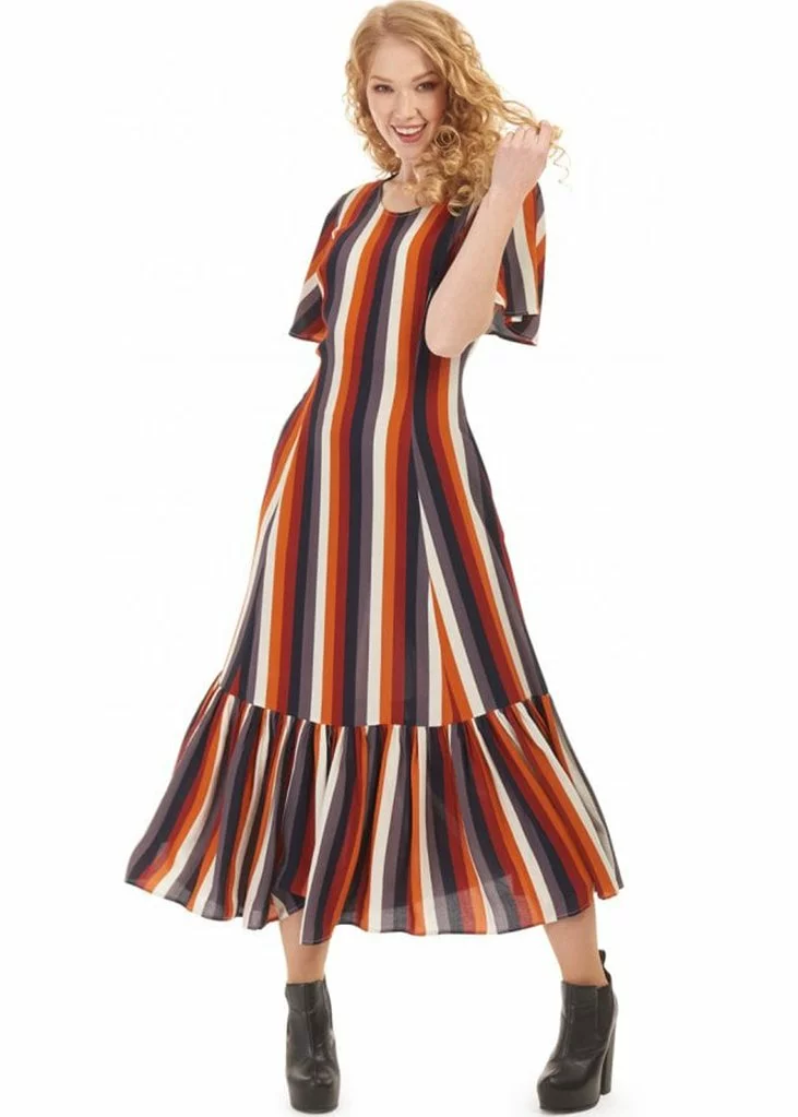 Bright & Beautiful Andy Autumn Striped 70's Dress Multi New In 3 Bright & Beautiful Andy Autumn Striped 70's Dress Multi New In