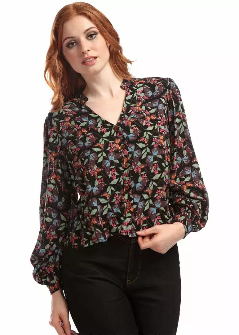 New In Bright & Beautiful Meredith Woodland Butterfly 60's Top Black 5 New In Bright & Beautiful Meredith Woodland Butterfly 60's Top Black