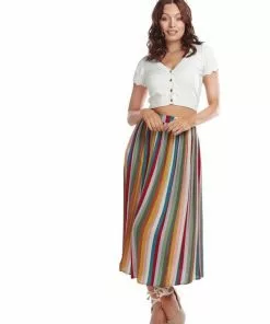 Bright & Beautiful Maria Deckchair Stripe Rainbow Midi 60's Skirt Multi New In