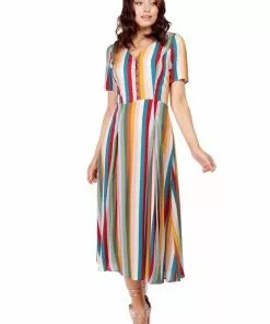 Bright & Beautiful Daisy Deckchair Stripe Rainbow 60's Dress Multi New In 7 Bright & Beautiful Daisy Deckchair Stripe Rainbow 60's Dress Multi New In