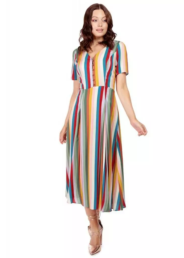 Bright & Beautiful Daisy Deckchair Stripe Rainbow 60's Dress Multi New In 4 Bright & Beautiful Daisy Deckchair Stripe Rainbow 60's Dress Multi New In