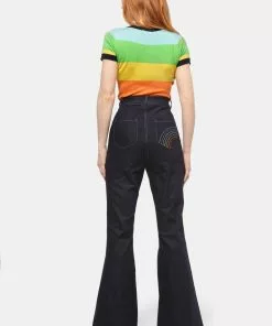 Bright & Beautiful Donna Rainbow Dreamer 70's Flared Jeans Denim Blue New In