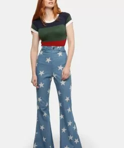 Bright & Beautiful Donna Acid Star 70's Flared Jeans Denim Blue