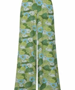 New In Bright & Beautiful Kim Floral Palm 70's Trousers Green