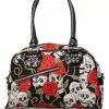 New In Banned Skull & Roses Rockabilly Bag Black Red