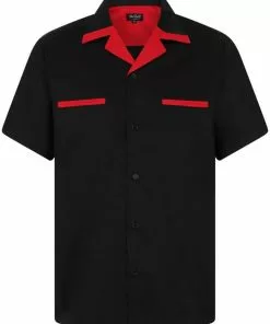 Chet Rock Men Loud Rex 50's Bowling Shirt Black Red