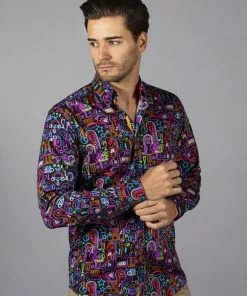 New In Claudio Lugli Mens Neon Music Lights Shirt Black