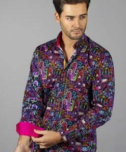 New In Claudio Lugli Mens Neon Music Lights Shirt Black