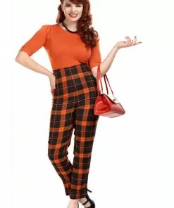 New In Collectif Bonnie Pumpkin Check 60's Trousers Black Orange